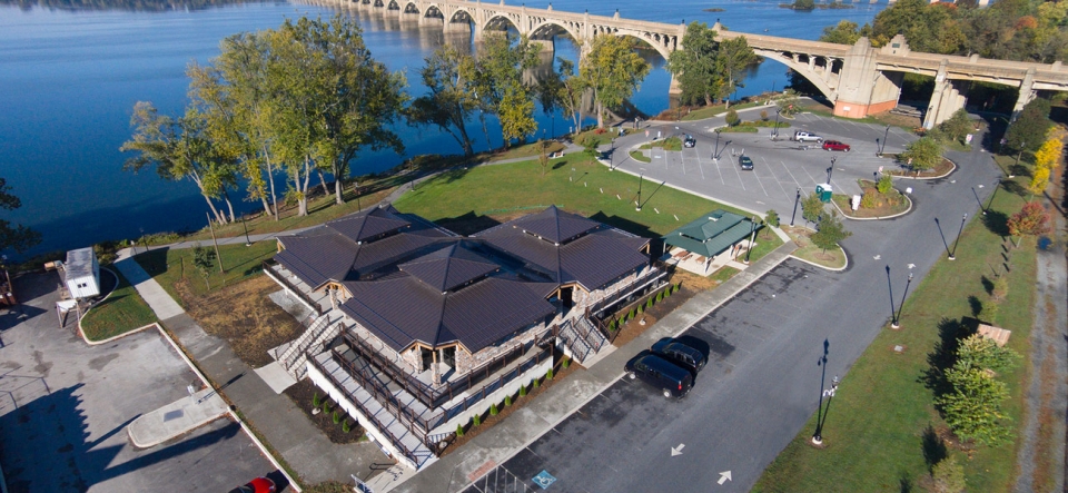 Drone view of building near the Columbia River