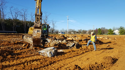 Worker spotting for a track hoe clearing land for a building