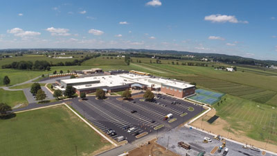 Drone view of Cocalico School and parking lot