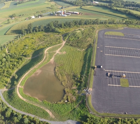 retainage pond and parking lot for large warehouse