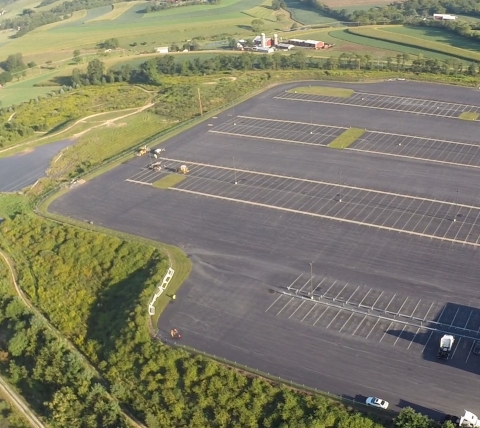 parking lot and retainage pond for large warehouse