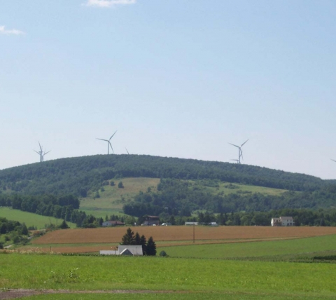 seven wind turbines rising above tree covered mountain behind farms