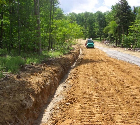 dirt road under construction surrounded by trees