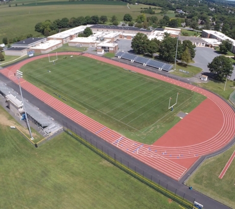 aerial of stadium construction at school