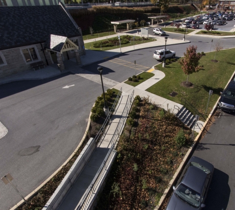 aerial of train station infrastructure with steps and sidewalk