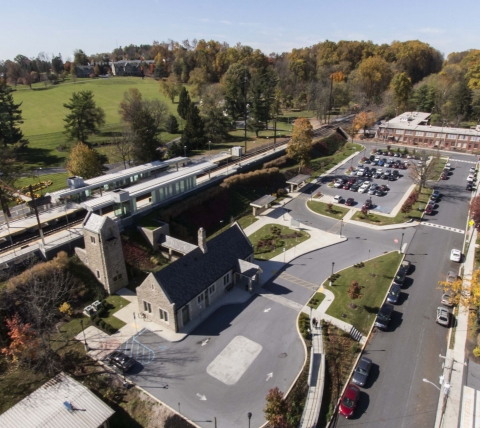 aerial of train station infrastructure