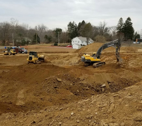 site work with excavating equipment at church