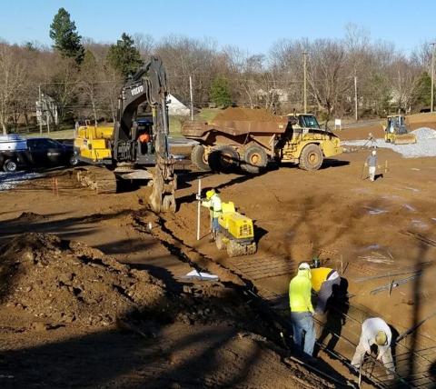 site work with excavating equipment at church