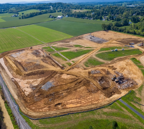 aerial of large construction site during site work