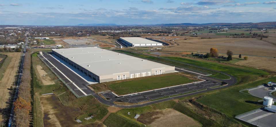 aerial view of large commercial warehouse and distribution center in central pa