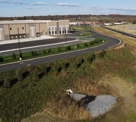 aerial view of large commercial warehouse and distribution center in central pa