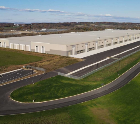 aerial view of large commercial warehouse and distribution center in central pa