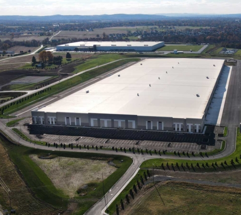 aerial view of large commercial warehouse and distribution center in central pa