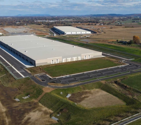 aerial view of large commercial warehouse and distribution center in central pa