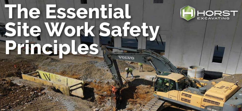 excavator digging trench with workers around and text of essential site work safety