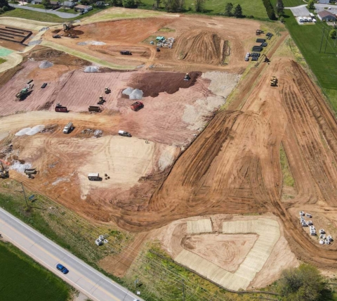 aerial of apartment building construction site